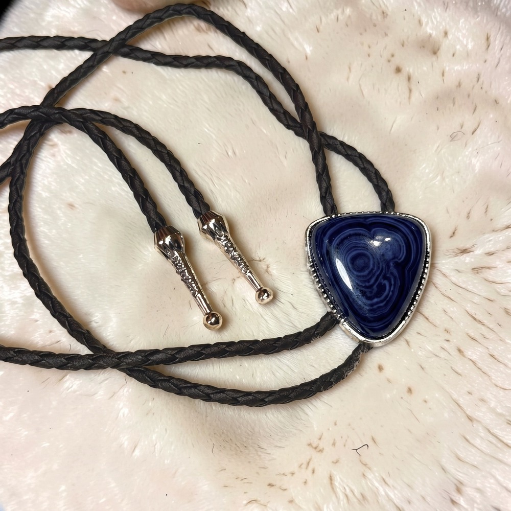 New Blue Tiger's Hawk Eye Stone Braided Black Cord Bolo Tie Western Festival